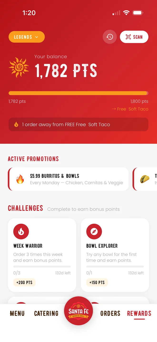 The Santa Fe app's rewards screen with a points balance and active offers