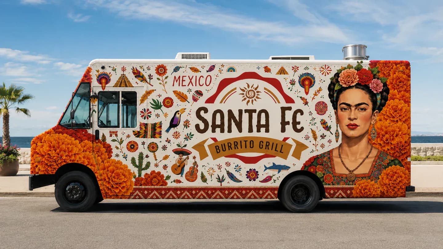 The Santa Fe Burrito Grill food truck, painted with marigolds and Mexican folk art