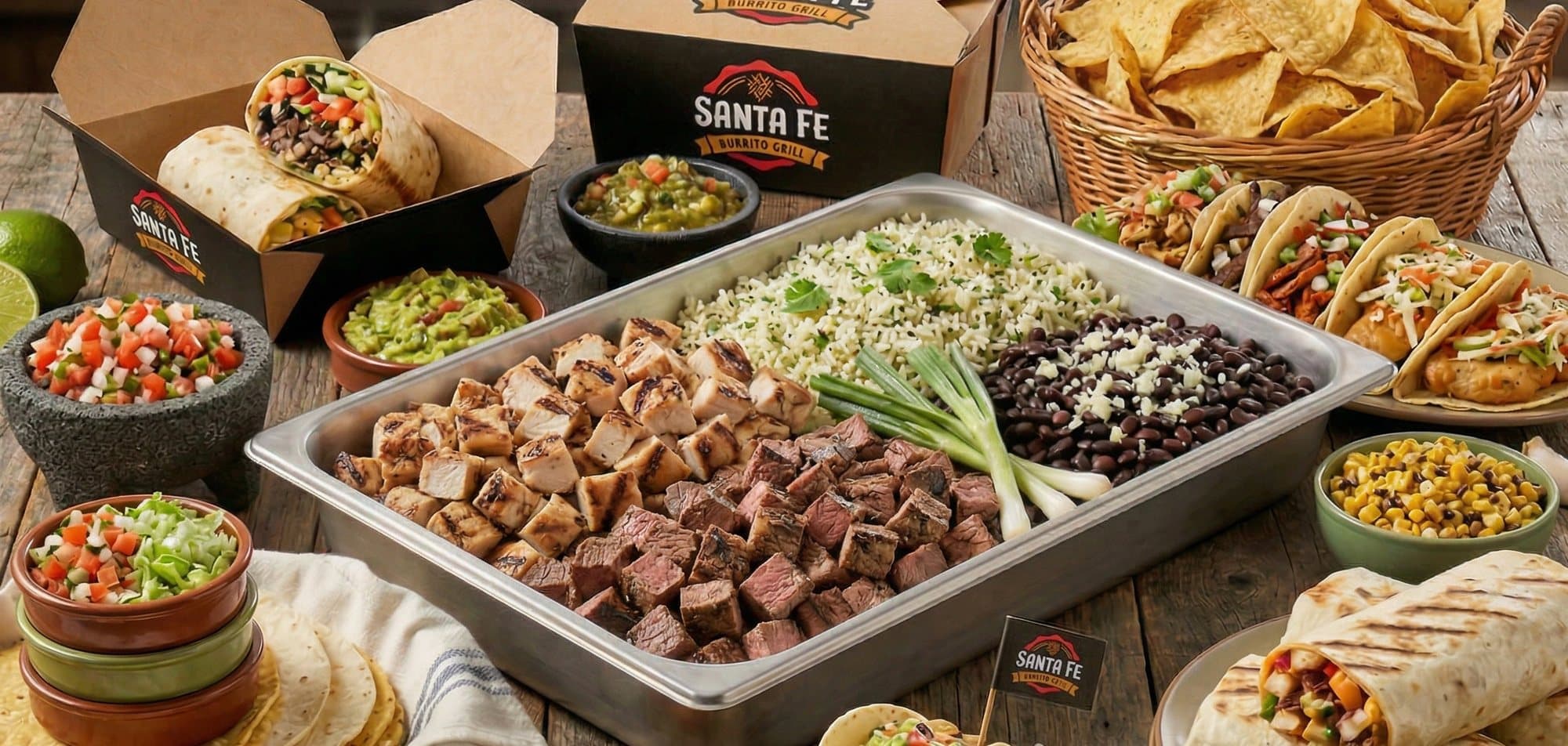 A Santa Fe catering spread: a tray of grilled chicken, steak, cilantro rice and black beans with burritos, tacos, chips, guacamole and salsa