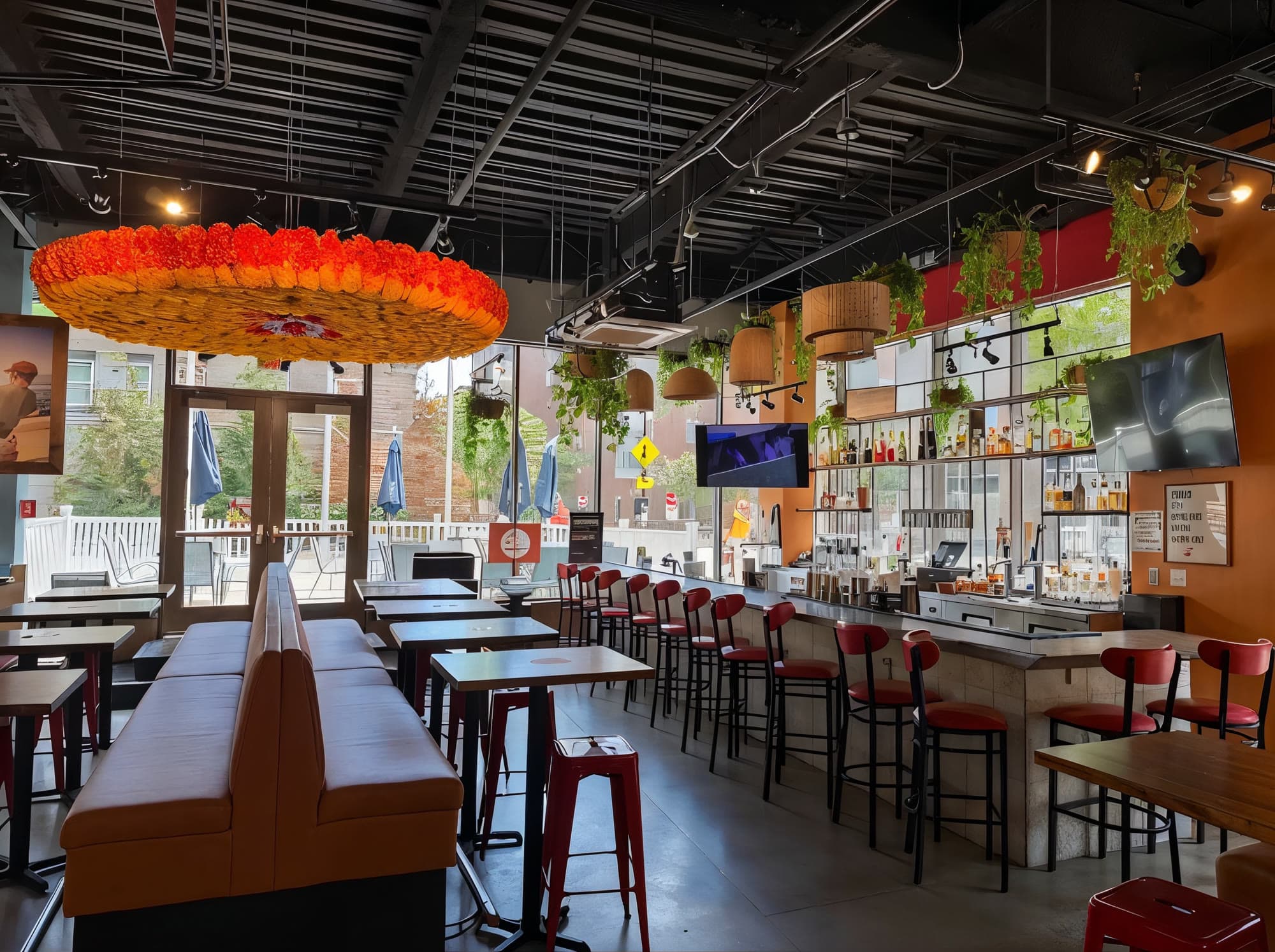 Inside a Santa Fe Burrito Grill: booth seating, a counter with red stools and doors out to the patio