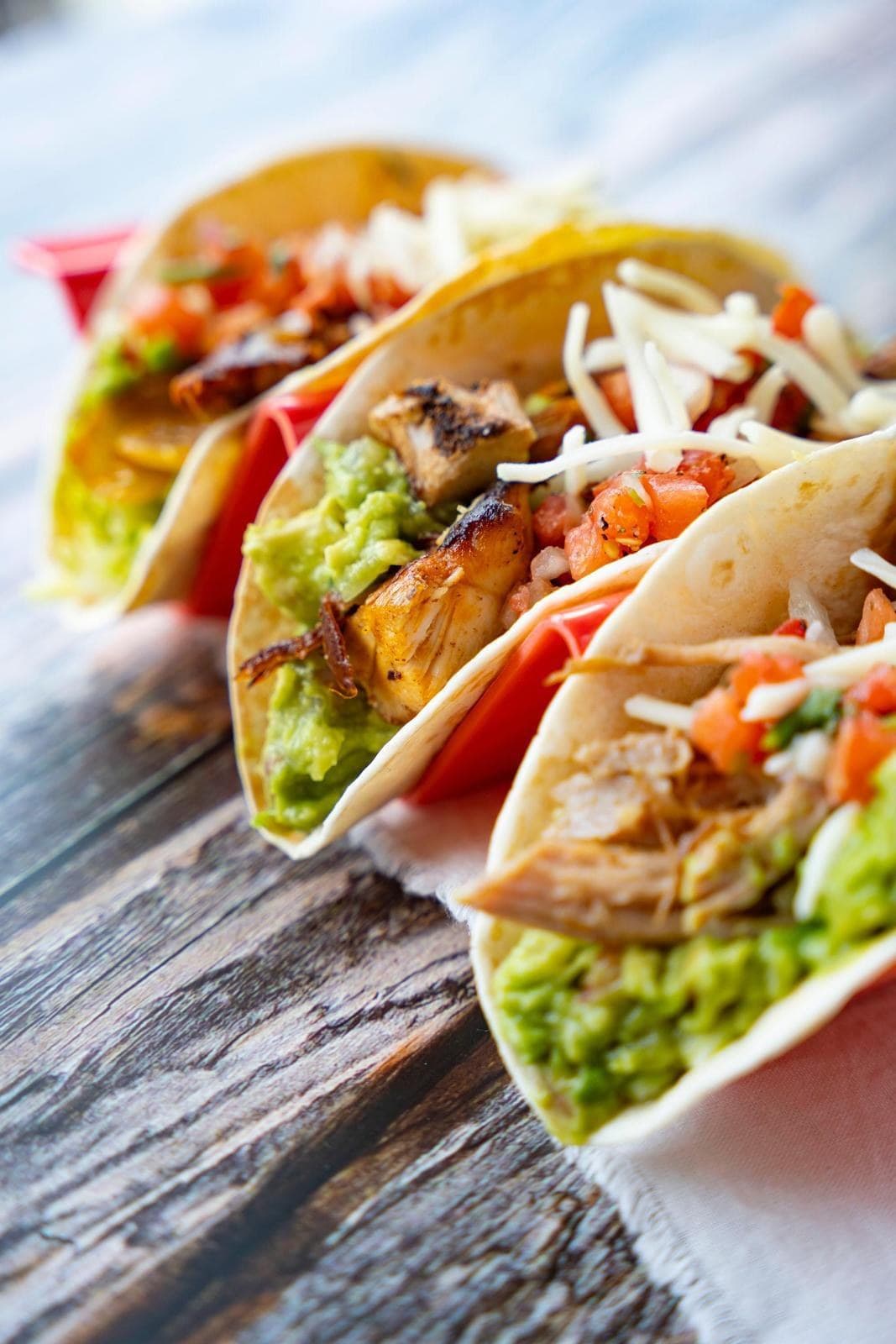 Three soft tacos with grilled chicken, guacamole, pico de gallo and cheese
